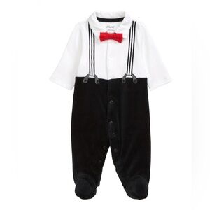 Little me baby boys romper white black red suspenders pants bow tie 6 months